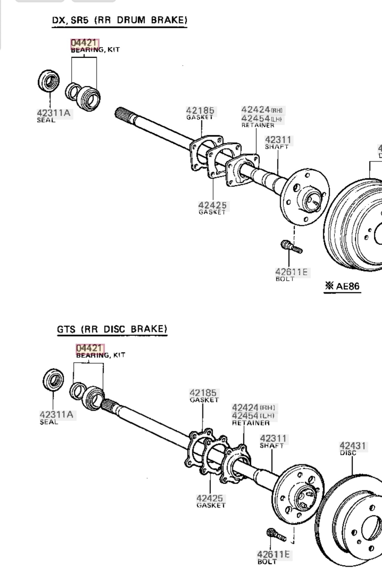 Toyota Corolla 1984-1987 Ae86 BEARING KIT, REAR AXLE SHAFT